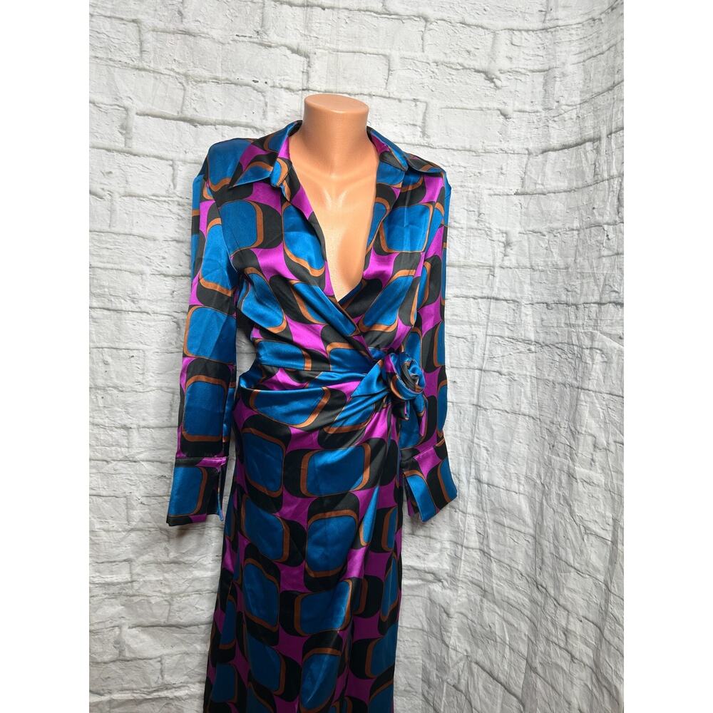 ZARA Womens Wrap Dress Size XS Satin Mod Print Long Sleeve Collared